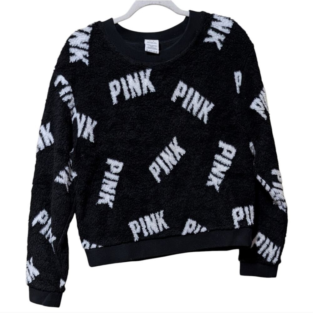 Victoria Secret's all over print Pink top size Medium spell out faux fur black